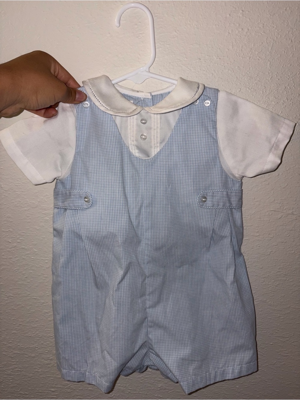 Petit Ami Light Blue Gingham Romper with White Collar